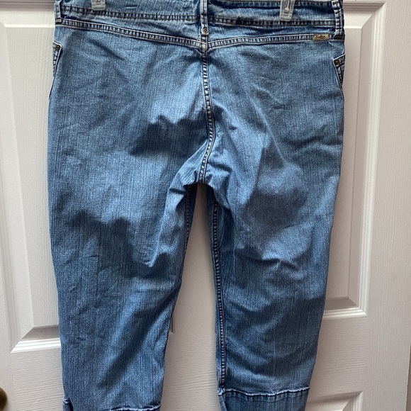 O womens Levi Strauss stretch solid blue denim capri dungarees size 16 - Picture 2 of 5